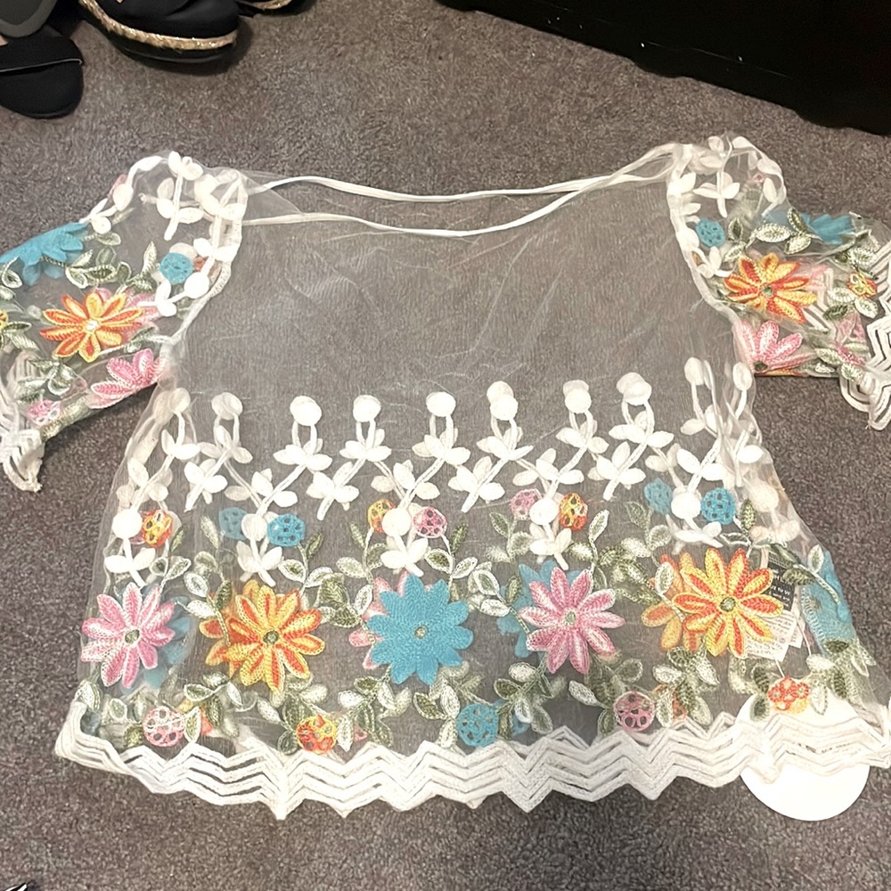 Sheer floral embroidered crop top